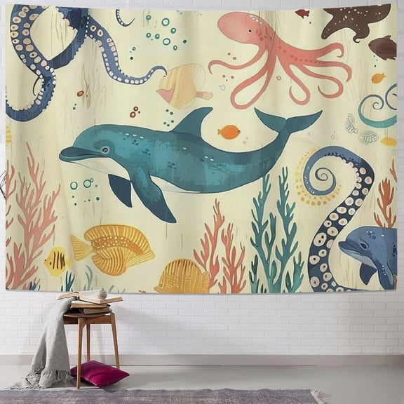 BCIIG Dolphin Octopus Tapestry Wall Hanging Unique Style Graphic Tapestries Home Decor for Living Room Bedroom Dorm 40x30inch