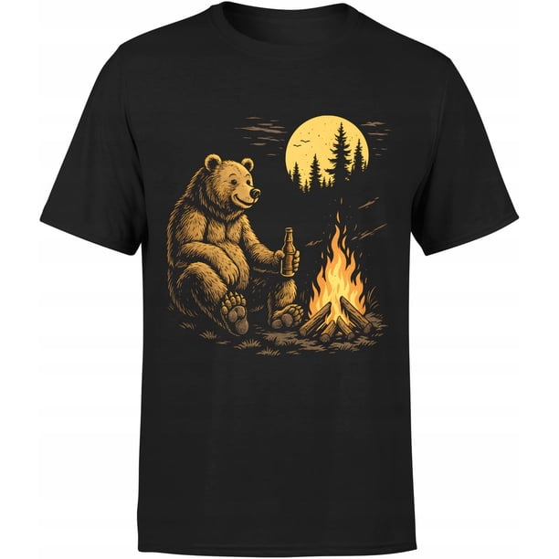 Men'S 100% Cotton 180g Funny Grizzly Bear Drinking Beer by Campfire Graphic T-Shirt - Black Short Sleeve Casual Tee for Hiking, Camping & Outdoor Adventures