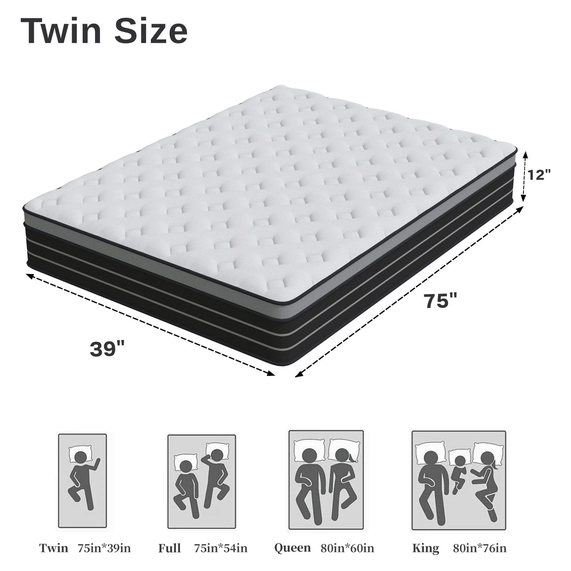 Twin Mattress, 12 Inch Hybrid Innerspring Mattress for Pressure Relief, Motion Isolation, Medium Firm, CertiPUR-US Certified