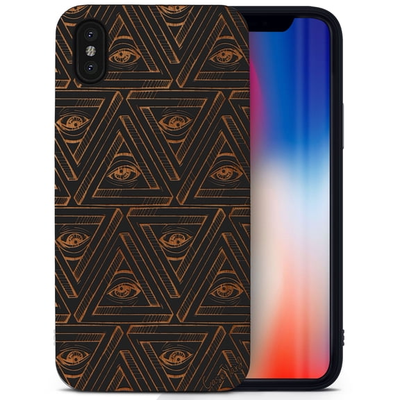 Case Yard Wooden Case for iPhone-X Soft TPU Silicone cover Slim Fit Shockproof Wood Protective Phone Cover for Girls Boys Men and Women Supports Wireless Charging All Seeing Eyes Design