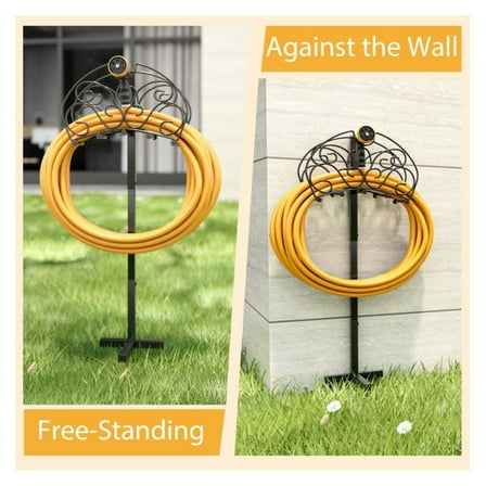 Hose Holder Freestanding - Outdoor Garden Hose Stand, Metal Yard Hose Rack - 150ft Hose Capacity, Wall Mountable, Durable Arc Design with Anchor Points & Shelf - Lawn & Garden Organization