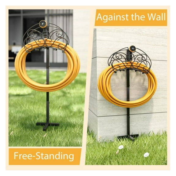 Hose Holder Freestanding - Outdoor Garden Hose Stand, Metal Yard Hose Rack - 150ft Hose Capacity, Wall Mountable, Durable Arc Design with Anchor Points & Shelf - Lawn & Garden Organization