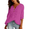 thumbnail image 3 of Womens 3/4 Sleeve Tops Cotton Linen Shirts Embroidered V Neck Button Boho Blouses Loose Fit Dressy Casual Tunic Top,Hot Pink,3XL, 3 of 8
