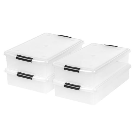 IRIS USA 4 Pack 40qt Under Bed Plastic Storage Container with Lids and Durable Buckles  Clear