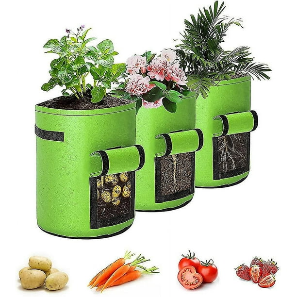 Paquete de 3 bolsas de cultivo de patatas de 5 galones. Bolsas de cultivo de plantas de vivero de jardín. Bolsa de cultivo de verduras de tela transpirable para tomates y zanahorias. Flor de jardinería Rojo Verde Cocina, Decoración y Otros