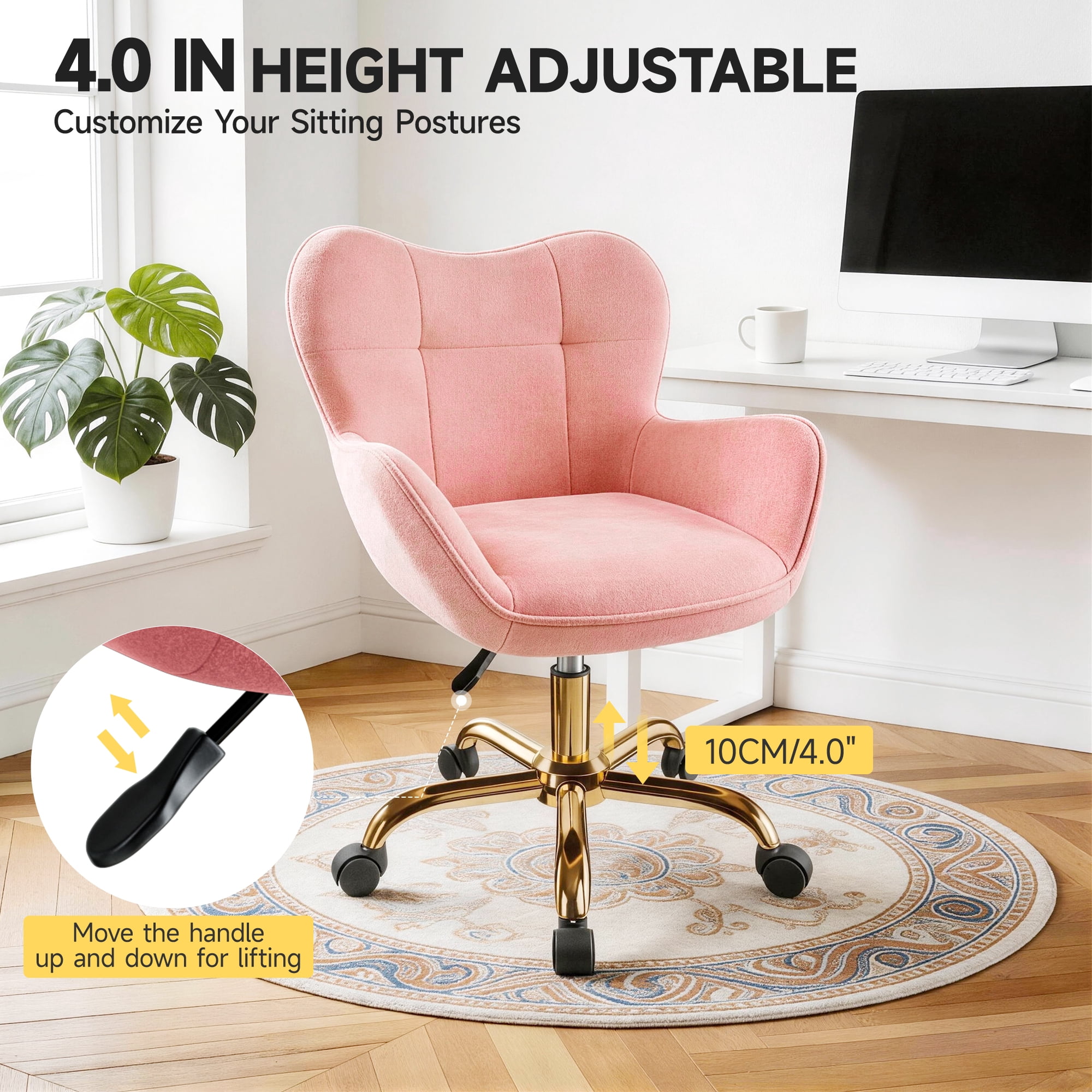 COOHUT Velvet Vanity Chair, Mackup Chair with Wheels, Comfy Swivel Modern Leisure Armchair for Girls Women, Small Office Chair Height Adjustable for Living Room, Bedroom, Offic, Pink