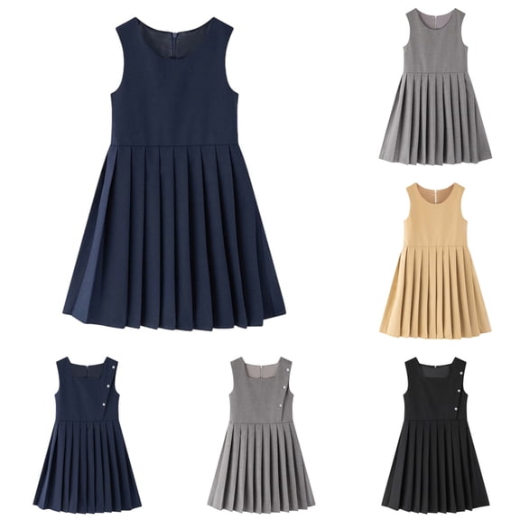 Gelikeya Girls Sleeveless Pleated Dresses - School Uniform Jumper Dress Girl Solid Soft Crew Neck A-Line Easter Dresses for Toddler Kids #01 Grey, 5-6 Years