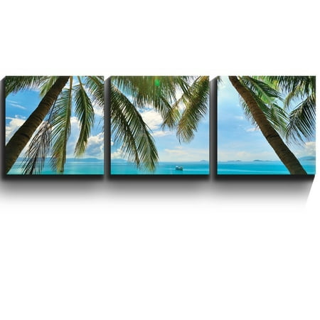 Art Trees 3 Square Canvas Panels - Contemporary Art - Tropical beach palm trees paradise- Three Gallery Wrapped Printed Piece - Wall26-16 x16 x3 Panels ()