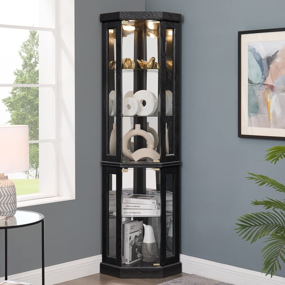 Lisonu Lighted Corner Curio Cabinet - Black Glass Display Cabinet for Living Room, 69.84" Tall Corner Display Case with Adjustable Glass Shelves & Included Lighting