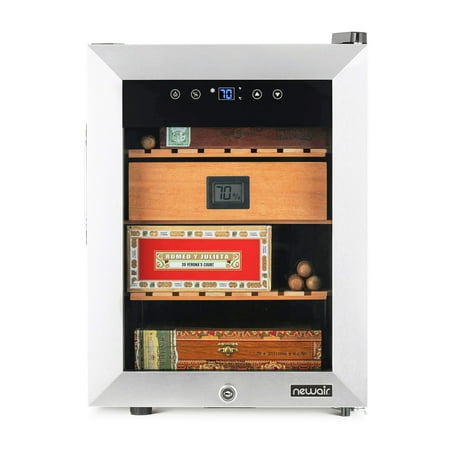NewAir - 250 Count Cigar Humidor with Opti-Temp Heating and Cooling Function, Spanish Cedar Shelves and Digital Thermostat - Stainless Steel