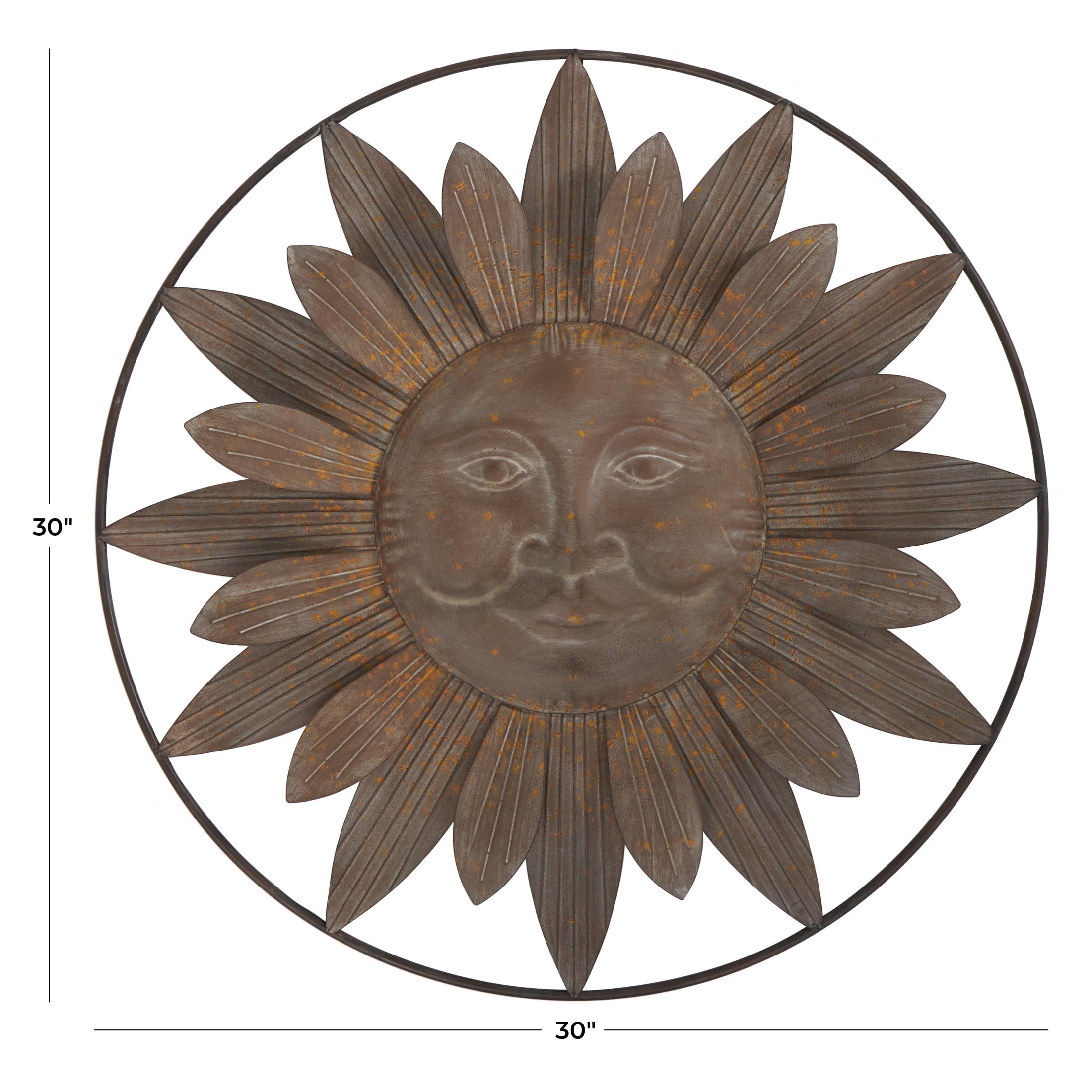 DecMode Rustic Metal Carved Sun Face with Rays Wall Décor, 30"D with Bronze Gold Distressed Finish