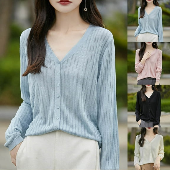 yoeyez Light Weight Cardigan Women Button Up Cropped Cardigan Sweaters Long Sleeve V Neck Knitted Slim Fitted Cardigans Pink,XXL