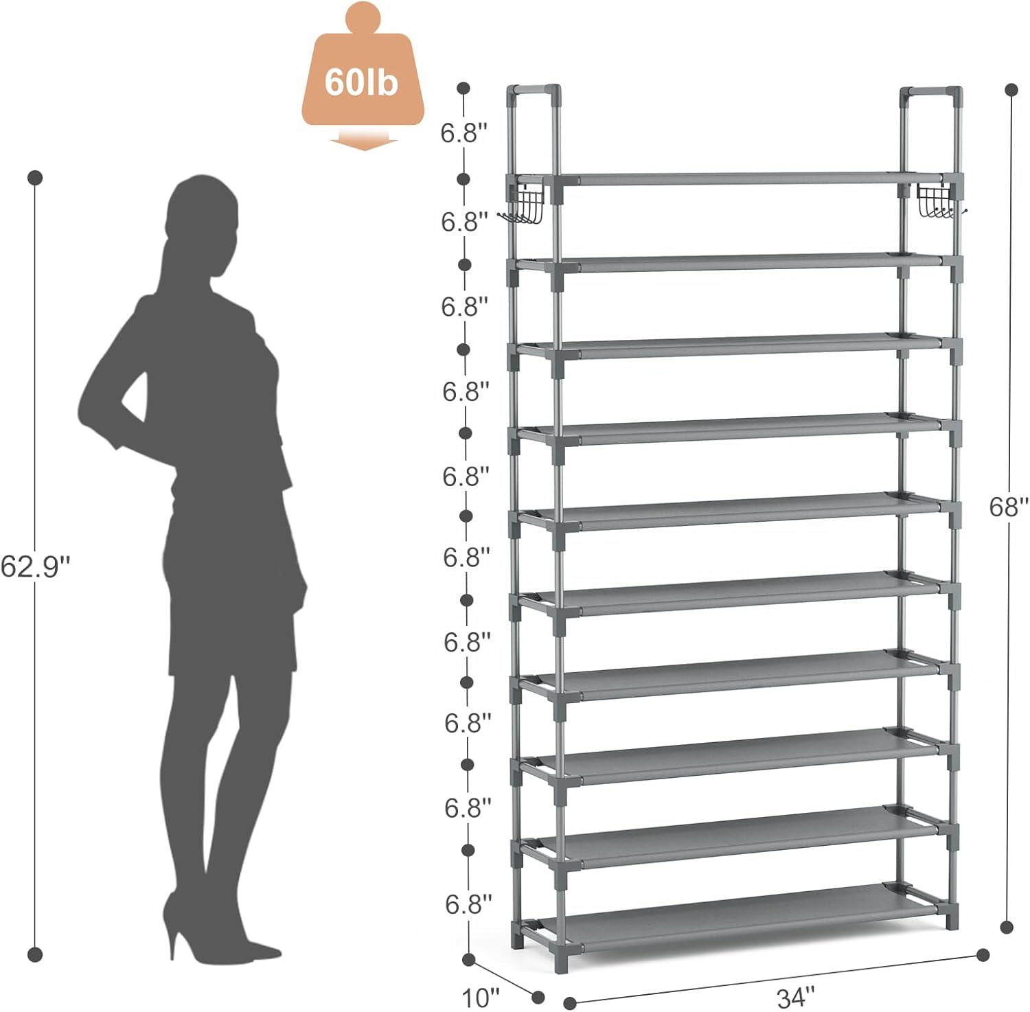 10 Tiers Shoe Rack Tall Large Capacity Wide Shoe Organizer Sturdy Shoe Shelf for Entryway with Two Hooks Metal Shoe Storage for Closet, Bedroom, Grey