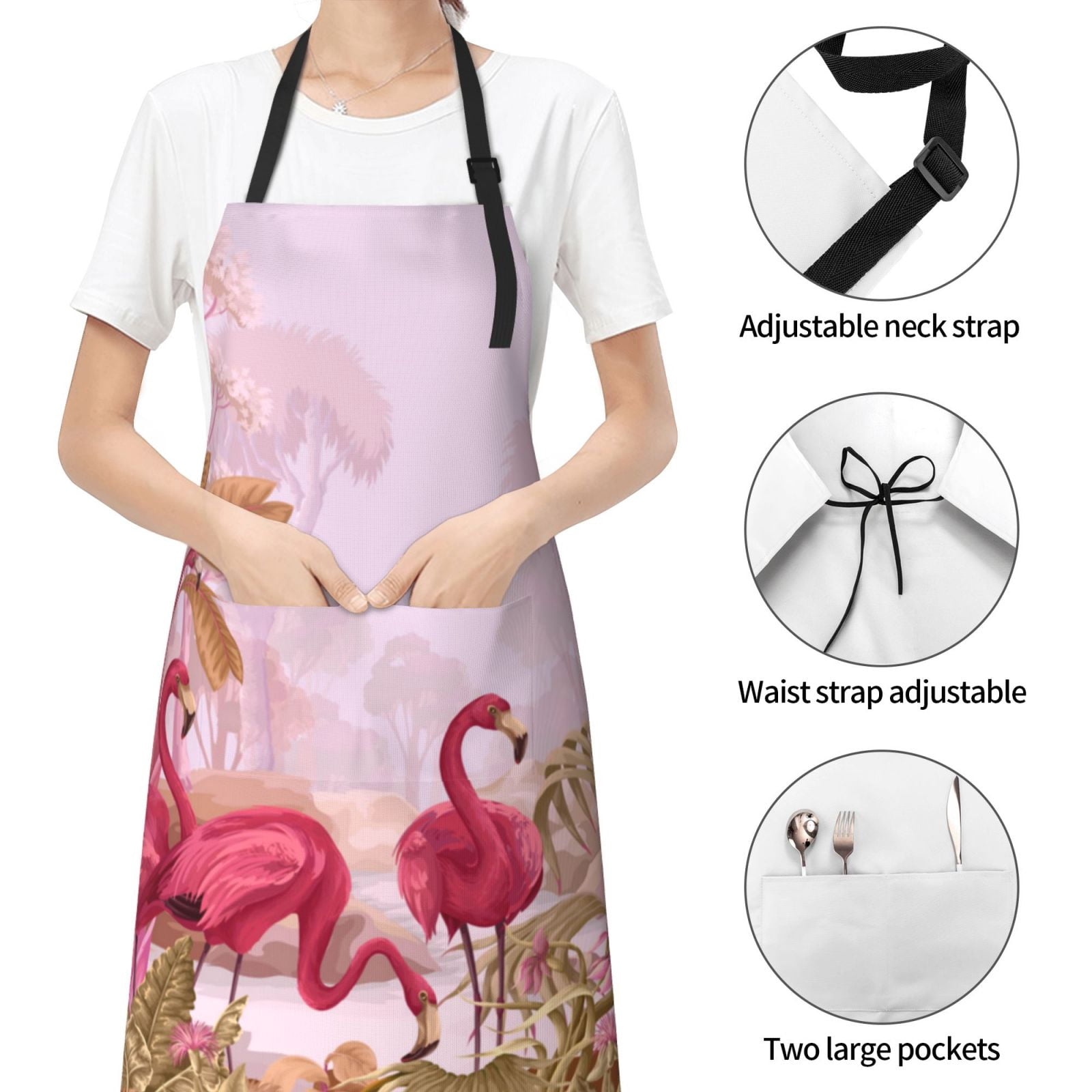 Kdxio Flamingos In The Tropical Forest Apron with Pockets Adjustable Kitchen Aprons for Men Women Waterproof Aprons for Cooking,Drawing,Crafting, Baking Household Cleaning