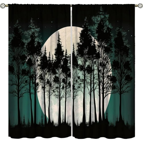Forest Curtains, Gothic Black Misty Forest Blackout Window Treatments for Living Room Bedroom Halloween Decor, Goth Foggy Mysterious Nature Full Moon Printed Drapes 2 Panel Sets,42x63 Inch
