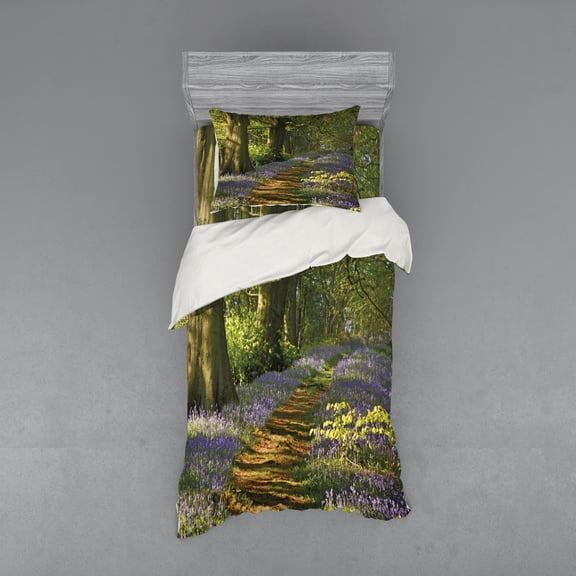 Ambesonne Floral Bedding Set 3 Pcs, Path Between Bluebells, Twin XL, Green Purple Brown