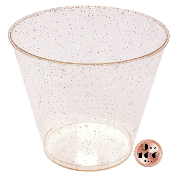 100 Rose Gold Glitter Plastic Cups - 9 Oz Reusable and Recyclable - Elegant Rose Gold Glitter Tumblers for Weddings, Anniversaries, Showers, Parties - Small Drinking Cups by JL Prime