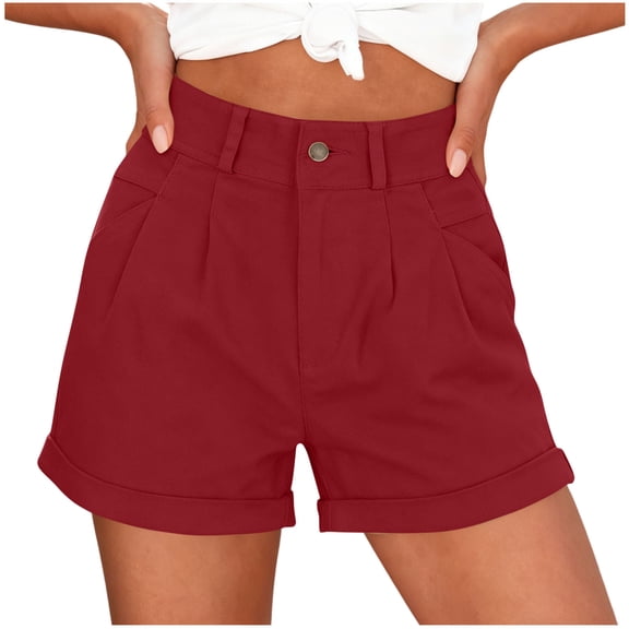 Gym Shorts Women No Scrunch New Summer Shorts for Women High Waist Pleated Button Zipper Loose Shorts Classic Rolled Hem Bottoms with Pockets Wine L