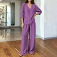 thumbnail image 5 of sdhkgrrt Women's Plus Size 2 Piece Pajama Outfit Striped V Neck 3/4 Sleeve Blouse Wide Leg Pants Casual Boho Lounge Set Loose Matching Travel Daily Tracksuits, Purple XL, 5 of 6