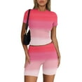 thumbnail image 4 of LZHGirlshop 2 Piece Outfits for Women Casual Spring and Summer Gradient Short Sleevele Round-Neck Blouses Tops Shorts Elastic Slim Waist Sets, 4 of 5