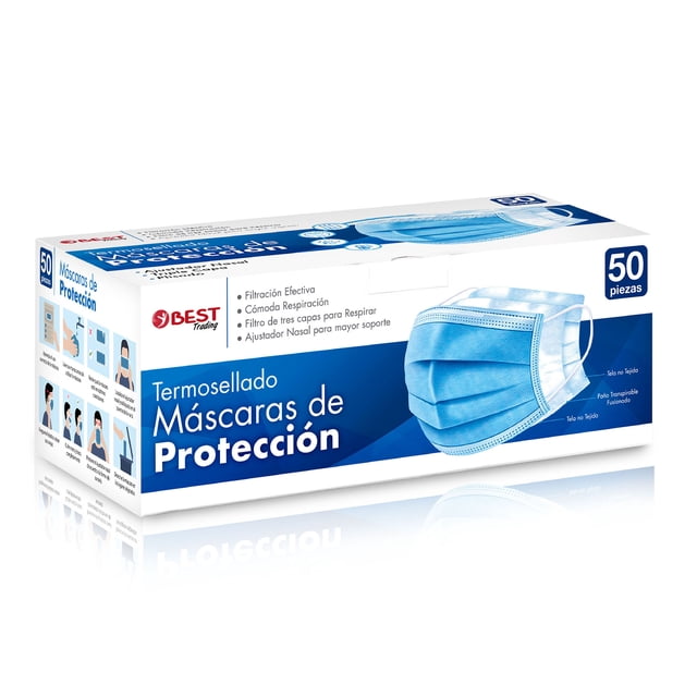 Best Trading Cubrebocas Azul 50 piezas, Mascarilla Desechable Termosellada Tricapa, Tapabocas con 50 Piezas con Ajustador Nasal Oculto y Tecnología Ligera de Filtrado Efectivo