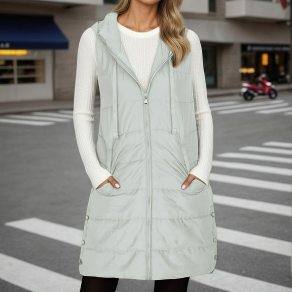 Letdown Long Puffer Vest Women Sleeveless Hooded Puffer Jacket Lightweight Quilted Jackets Winter Warm Zip Up Coat Outerwear with Pockets (Grey, L)