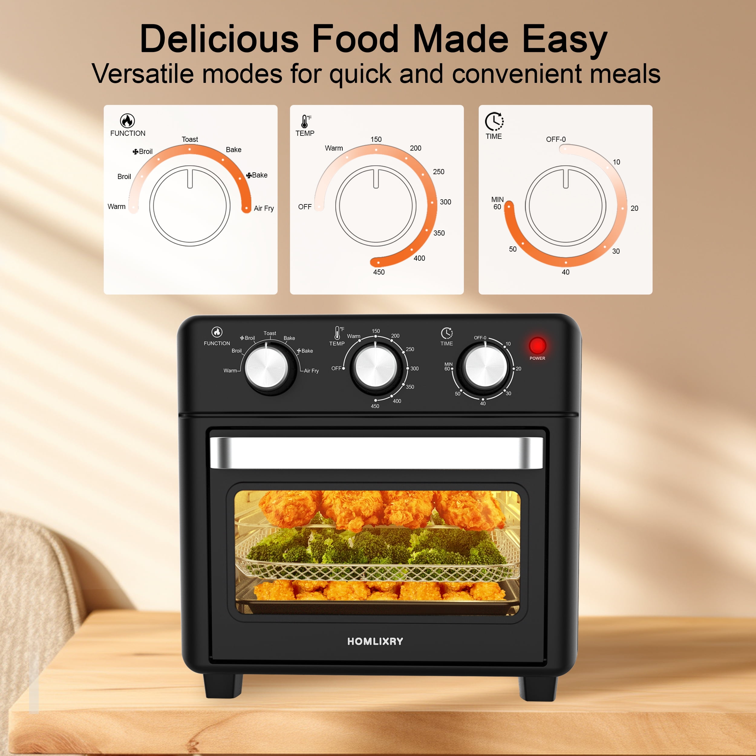 Homlixry Air Fryer Toaster Oven Combo, 14QT 7 in 1 Oil-Less Air Fryer with Warm, Broil, Toast, Bake, Air Fry, Black