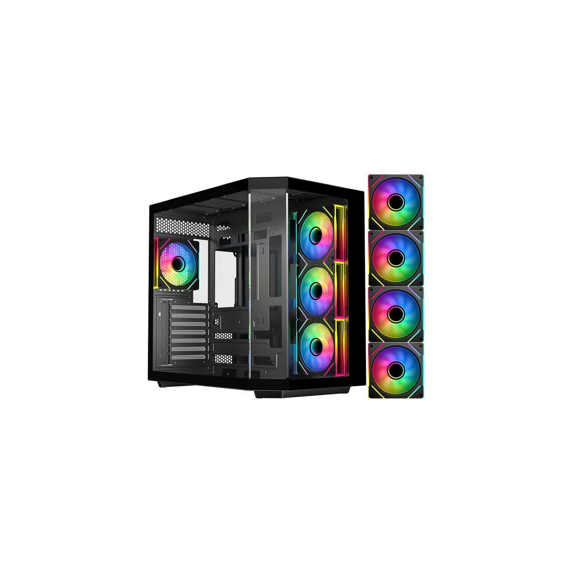 DIYPC ARGB-N3-BK Black USB3.0/ Type C Tempered Glass E-ATX /ATX Gaming Computer Case w/ 3 x Tempered Glass Panel and 4 x ARGB PWM Fans (Pre-Installed). Support BTF Back Plug MB