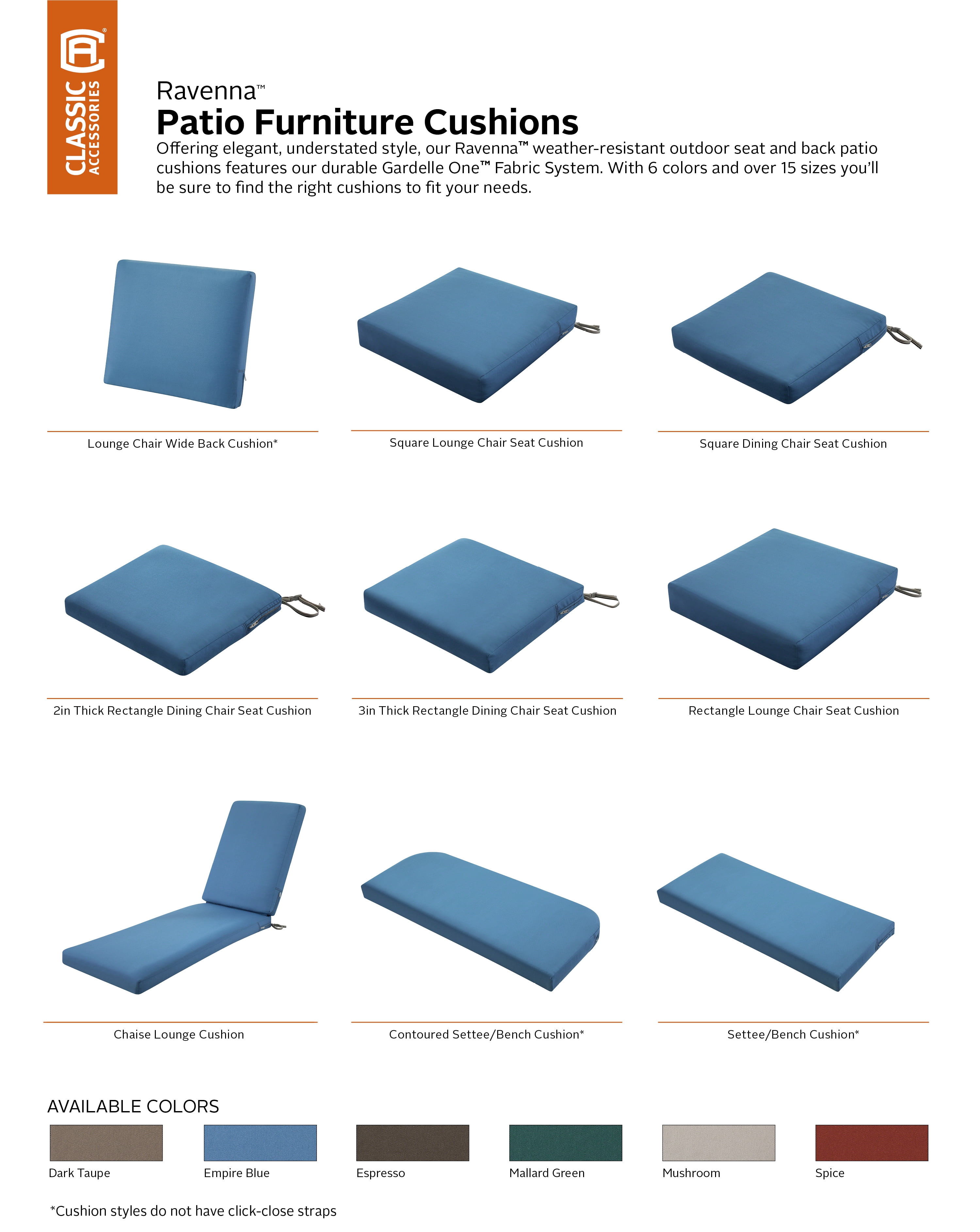 Classic Accessories Ravenna Water- Patio Lounge Chair/Loveseat Back Cushion, 21 x 20 x 4 Inch, Empire Blue