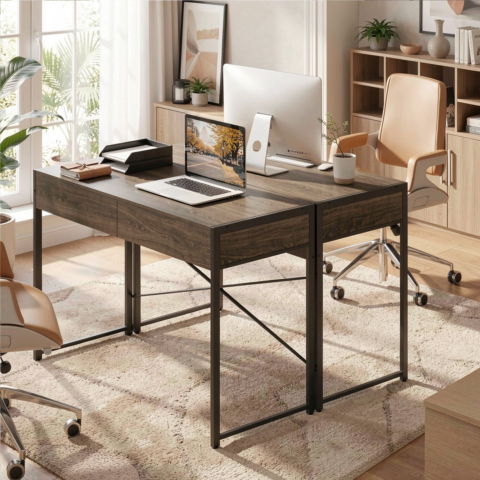 Furnibear 44 Inch Computer Desk with 2 Drawers Home Office Writing Desk Metal Frame X Bracket Engineered Wood Top 200 lbs Capacity Oak