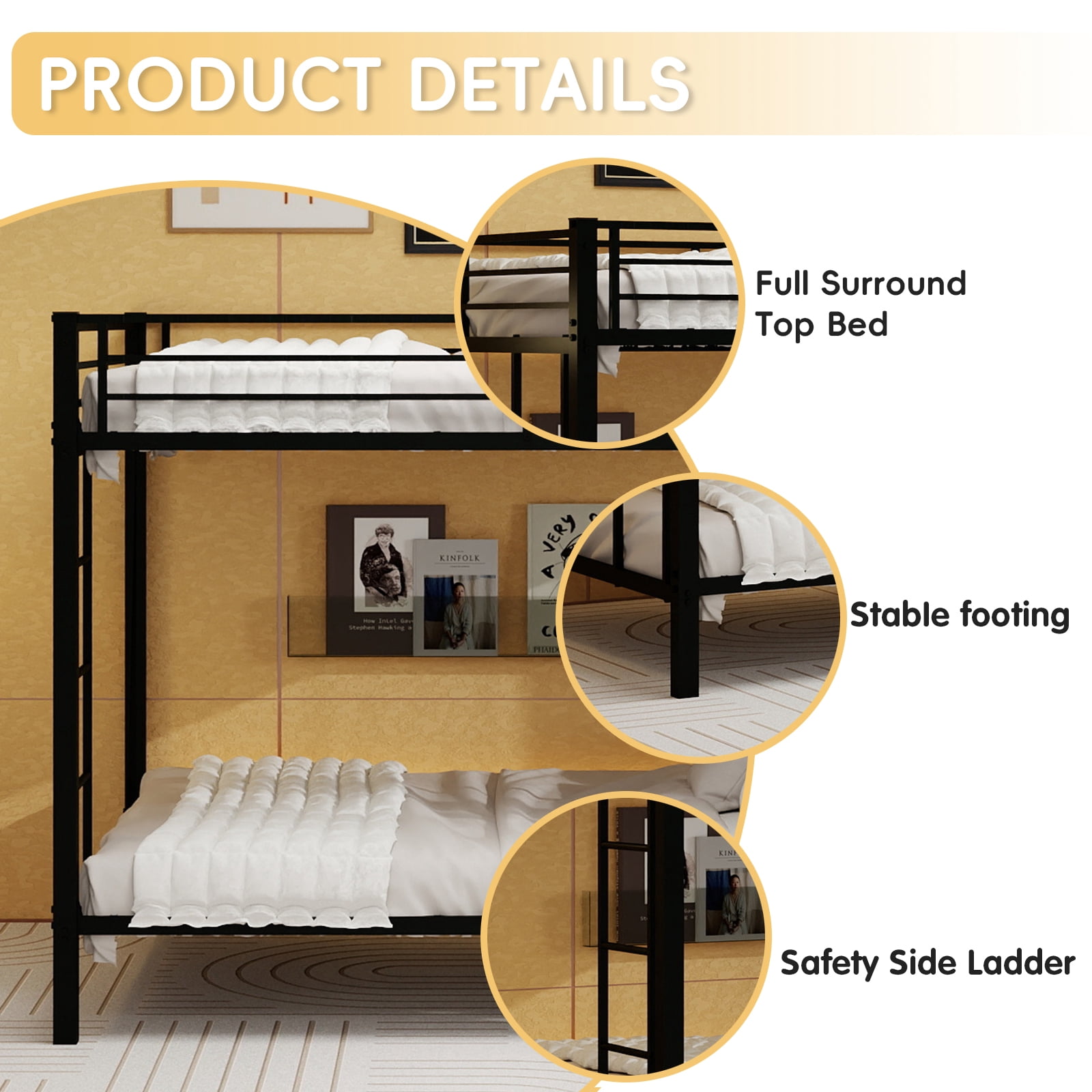 Leumius Queen over Queen Metal Bunk Bed,Heavy-Duty Steel Frame with Ladder & Safety Guardrails for Adults,Black