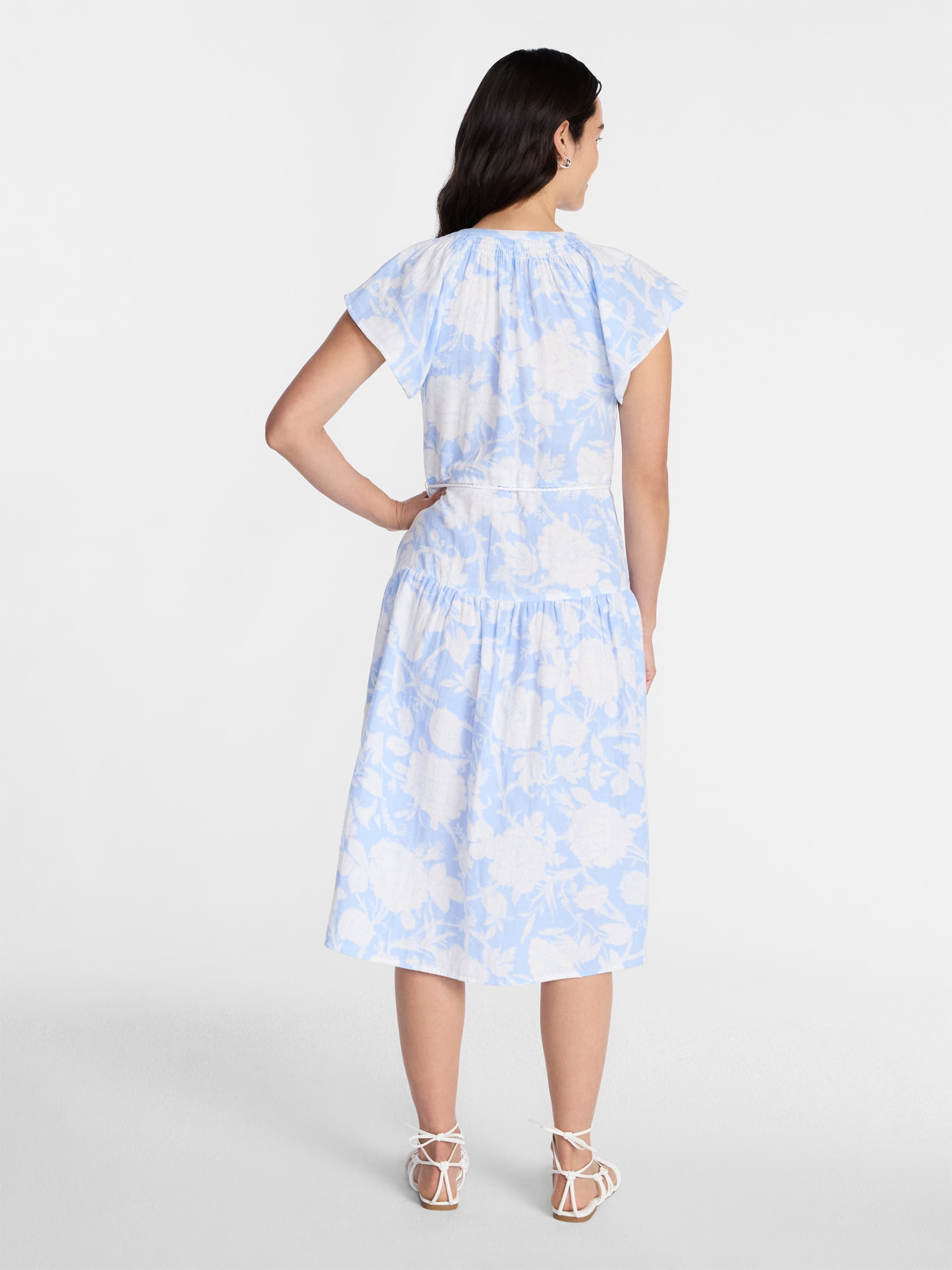 Time and Tru Women's Cotton Double Cloth Midi Dress with Short Flutter Sleeves, Sizes XS-XXXL
