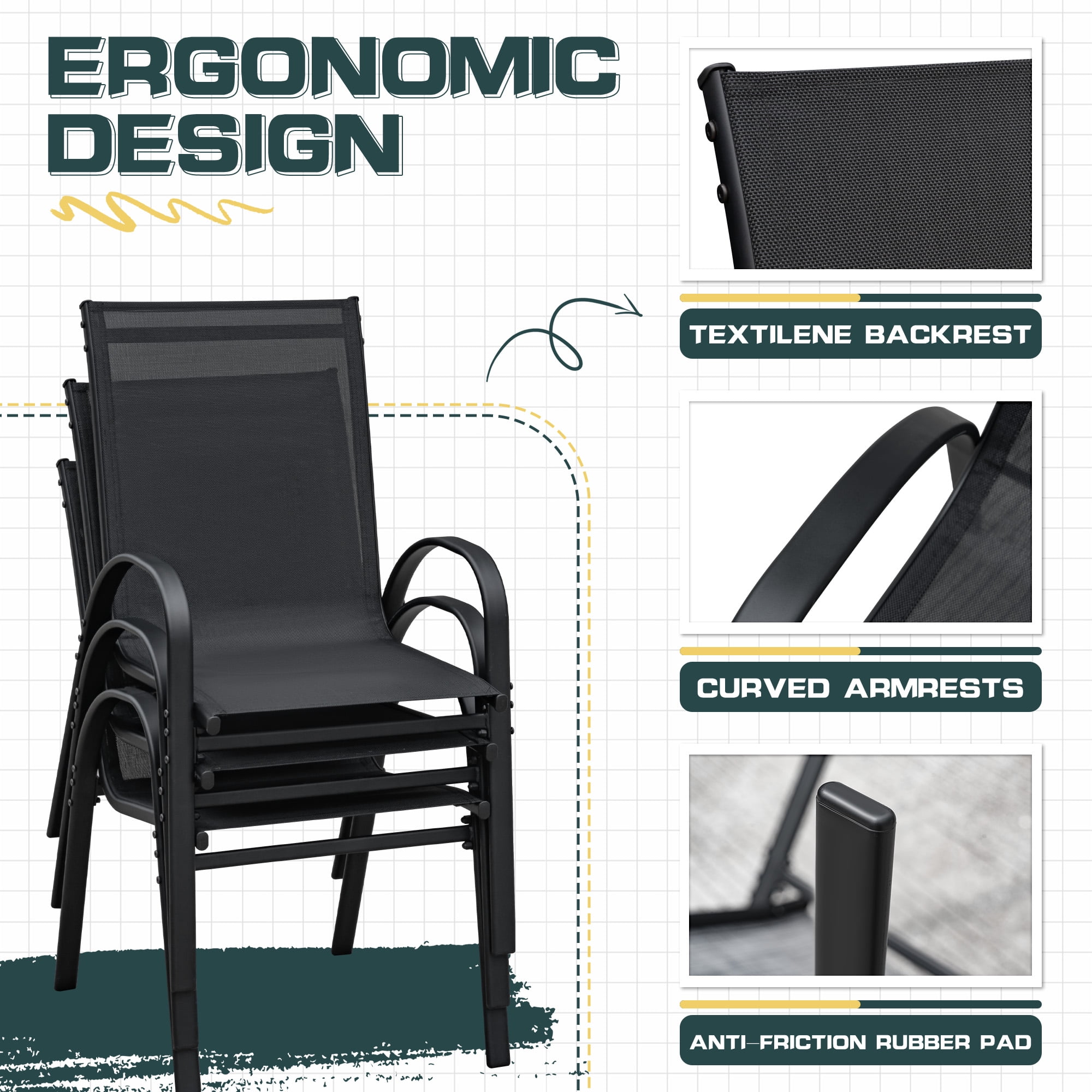 Homall Metal Outdoor Chair Set Stackable Patio Textilene Dining Chair Set of 4, Black