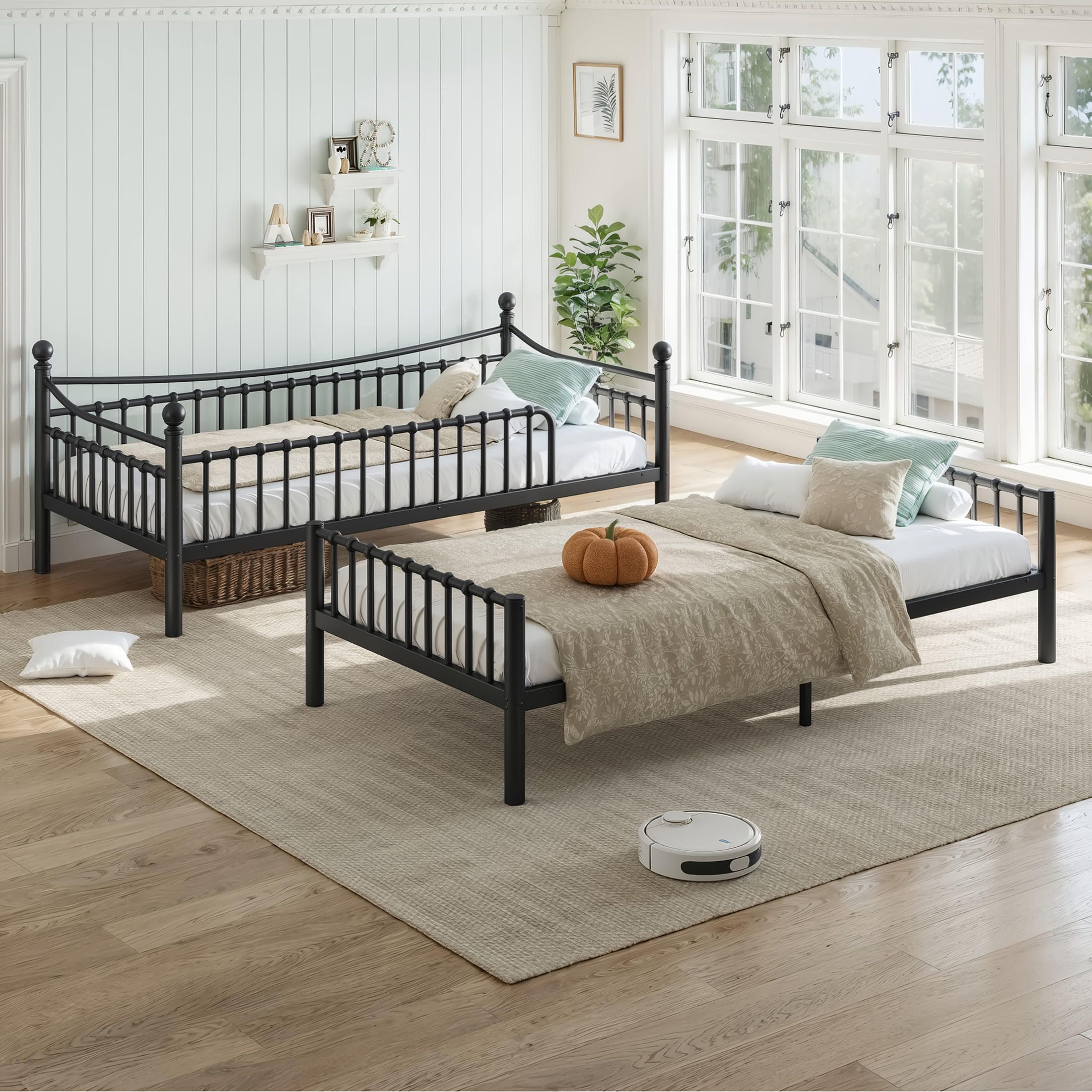 GDF Studio Twin XL over Twin XL Metal Bunk Bed with Curved Guardrails, Round Tube Frame, Black