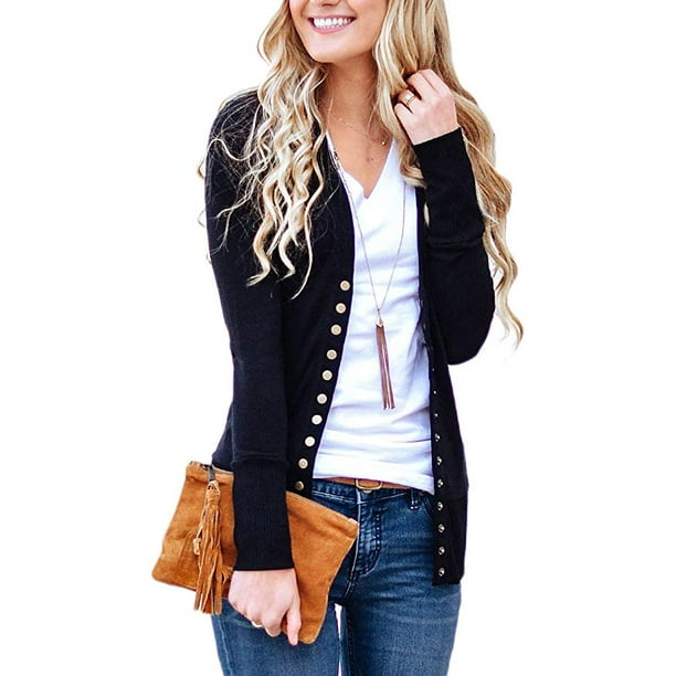 Women's V-Neck Button Down Knitwear Long Sleeve Soft Basic Knit Cardigan  Sweater - Walmart.com