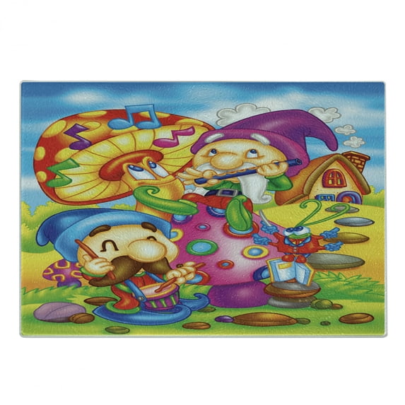 Fantasy Cutting Board, Cartoon Singing Elves with Mushroom Playing Flute Musical Cheerful Illustration, Decorative Tempered Glass Cutting and Serving Board, Small Size, Multicolor, by Ambesonne