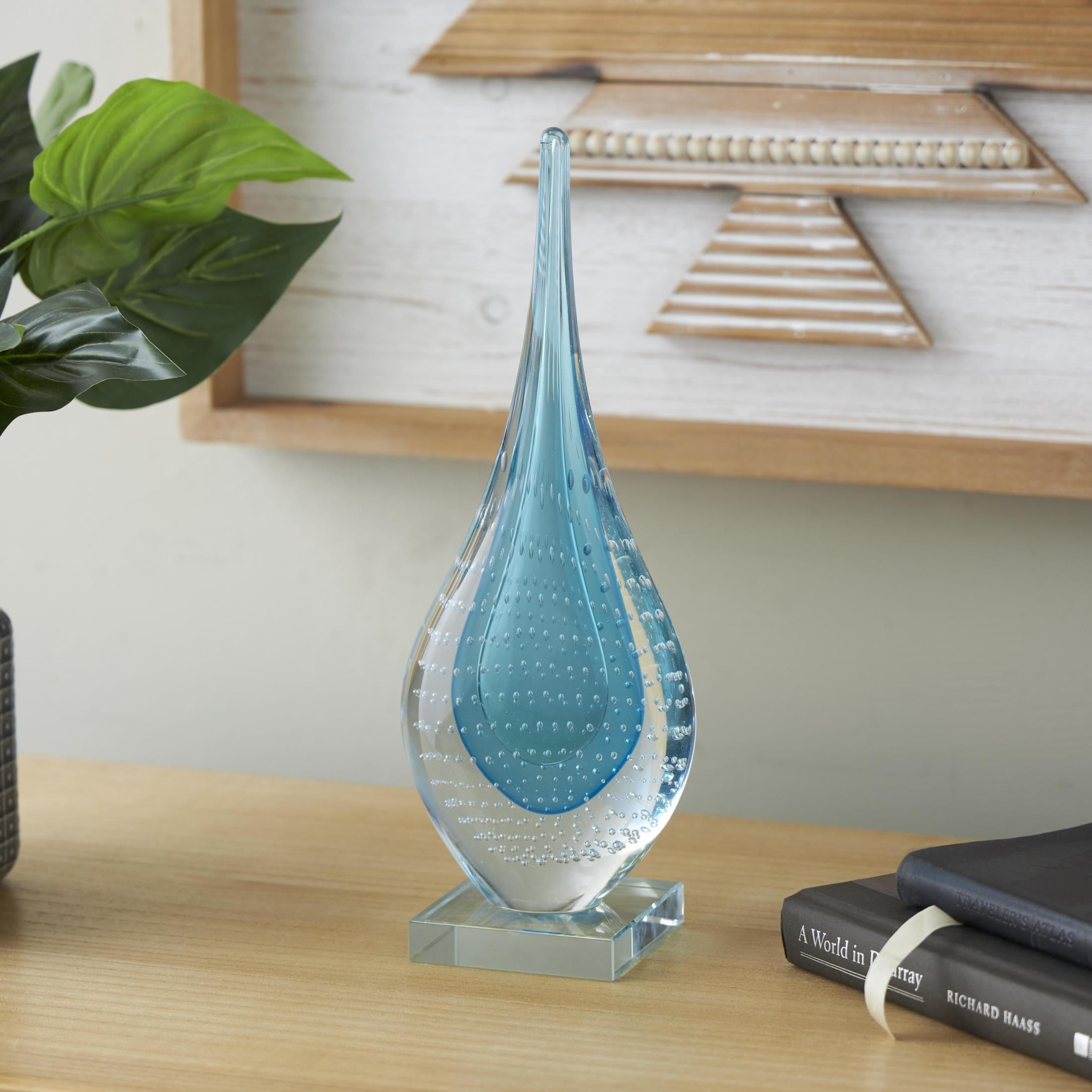 5" x 13" Blue Glass Teardrop Abstract Sculpture with Clear Bubble Droplets, by DecMode