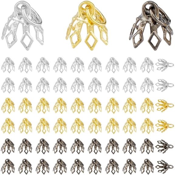 60Pcs 3 Colors Brass Filigree Bead Cap Bails Flower Bead Caps 7-Petal Filigree Prong Spacer Beads for Earrings Bracelets Necklaces Jewelry DIY Craft Hole: 3mm for DIY