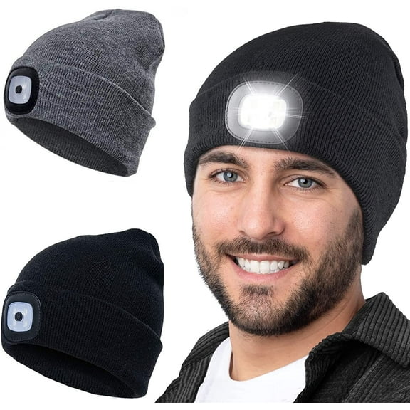 2 Pack LED Beanie with Light, USB Rechargeable Lighted Cap Headlamp Hat, Unisex Warm Winter Knitted LED Hat with Flashlight Gifts for Men Dad Husband Him Women