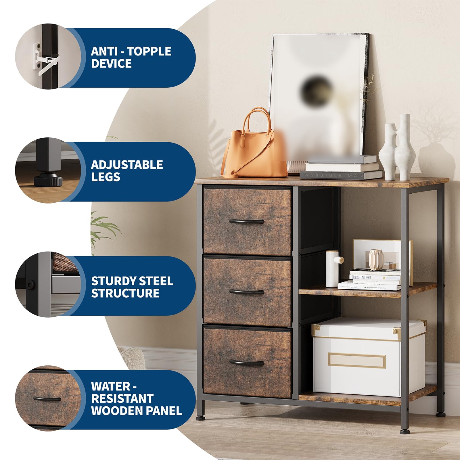 Rustic 3-Drawer Fabric File Cabinet and Printer Stand – Open Storage Shelf & Multi-Purpose End Table – Sturdy Steel Frame – Under Desk Organizer – Wood Color