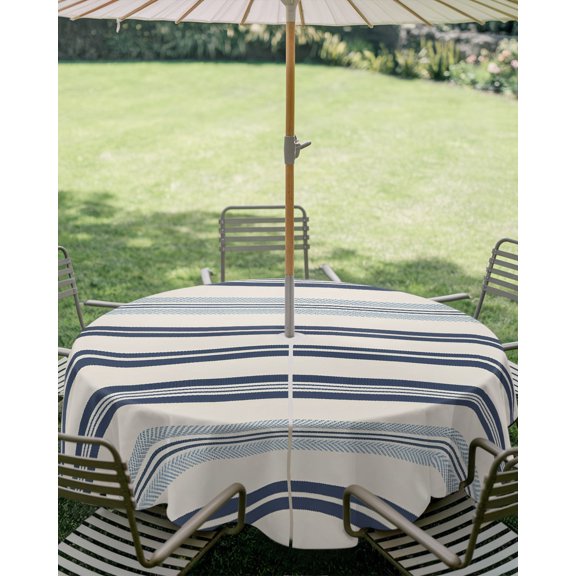 Outdoor Tablecloth with Umbrella Hole, Navy Blue Stripes Lines Zippered Table Cloth for Square Tables, Washable Waterproof Tablecloths for Picnic Patio Garden