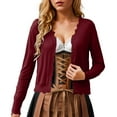 thumbnail image 4 of felwors Women's V Neck Long Sleeve Scalloped Knit Cardigan Lightweight Soft Sweater Wine, M, 4 of 8