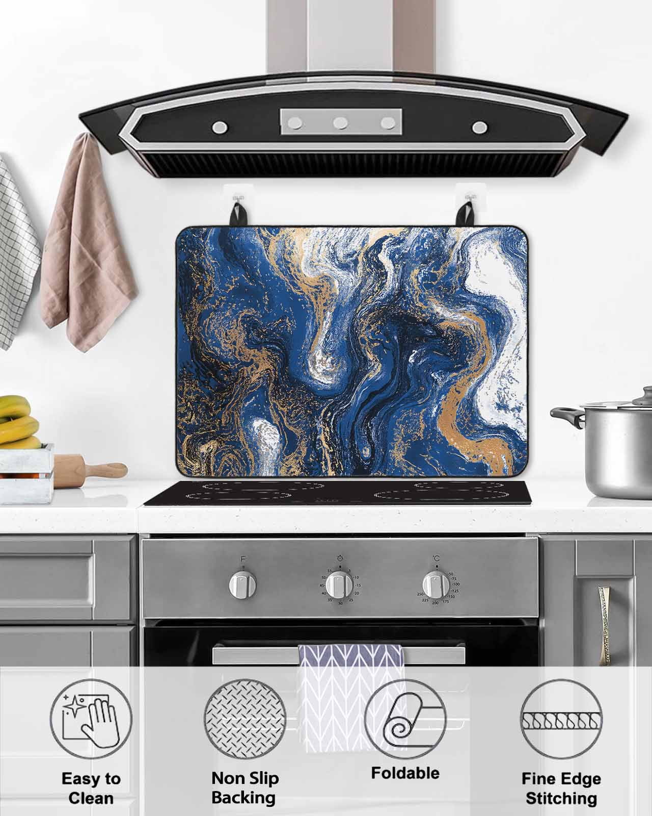 nqOlkjepod Large Induction Cooktop Protector Mat 24"x21", Blue Marble Stove Top Covers for Electric Stove, Modern Minimalist Abstract Fluid Art Stove Burner Cover Mats, Glass Top Stove Cover
