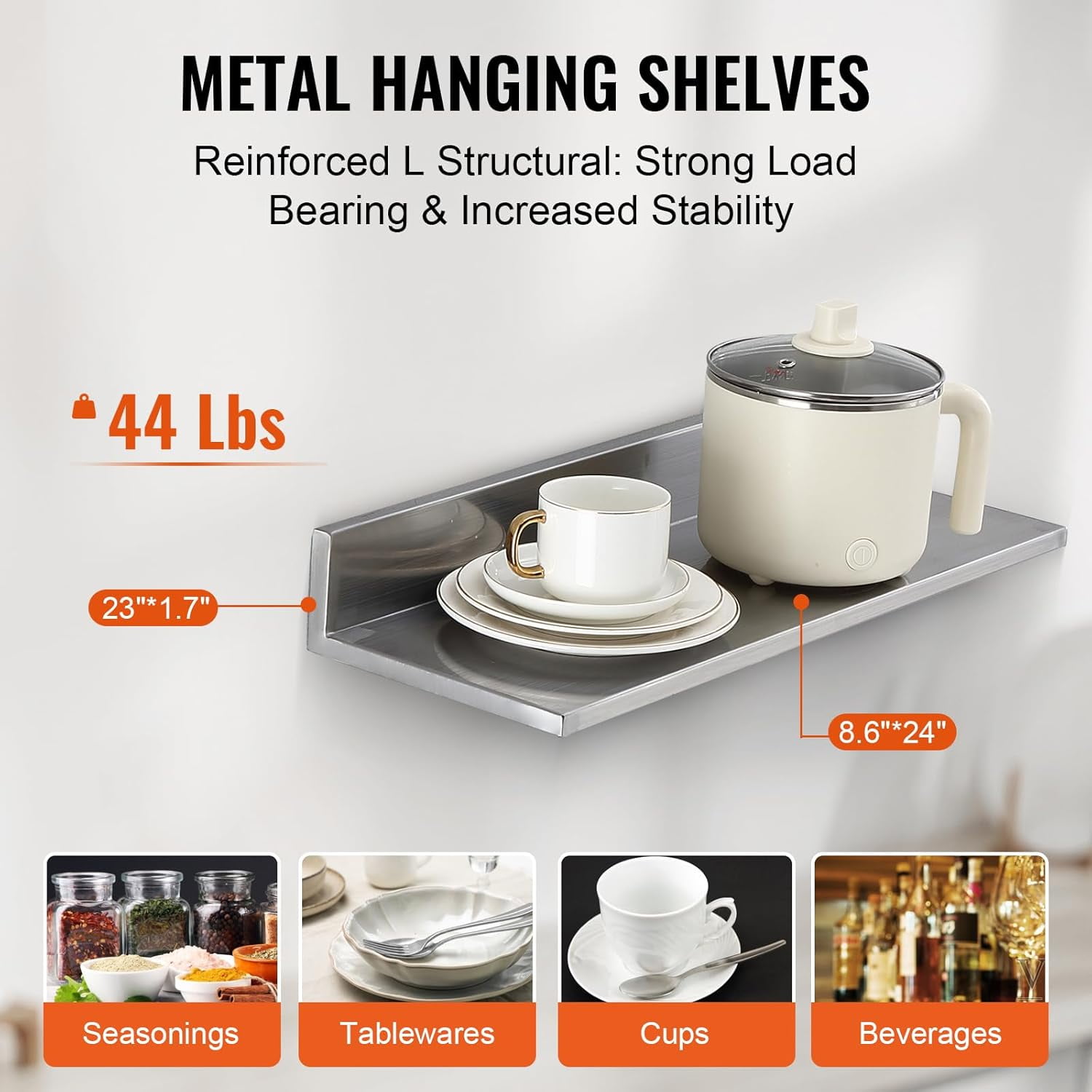 Stainless Steel Wall Shelf with Backsplash, 8.6" x 16", 2-Pack, 44 lbs Capacity for Kitchen, Bar, and Home