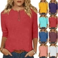 thumbnail image 1 of PXLKNZH 3/4 Length Sleeve Womens Tops Plus Size Henley Loose Cute Summer Tops Layer Button Three Quarter Length Shirts Solid Color Womens Blouses Red,L, 1 of 6