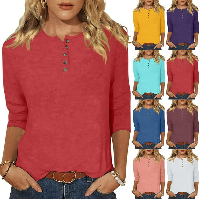 PXLKNZH 3/4 Length Sleeve Womens Tops Plus Size Henley Loose Cute Summer Tops Layer Button Three Quarter Length Shirts Solid Color Womens Blouses Red,L