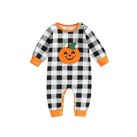 

wybzd Halloween Baby Girl Boy Outfits Long Sleeve Plaid Pumpkin Romper One Piece Bodysuit Orange 3-6 Months