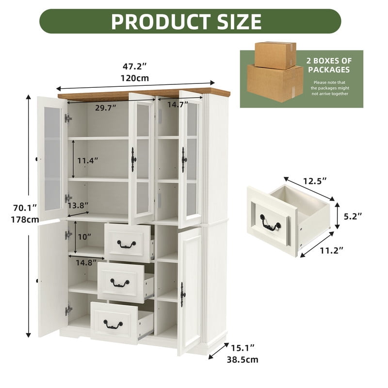 Uforic 70" Tall Pantry Cabinet with Glass Doors, Modern Farmhouse Kitchen Pantry Storage Cabinet with Drawer, White