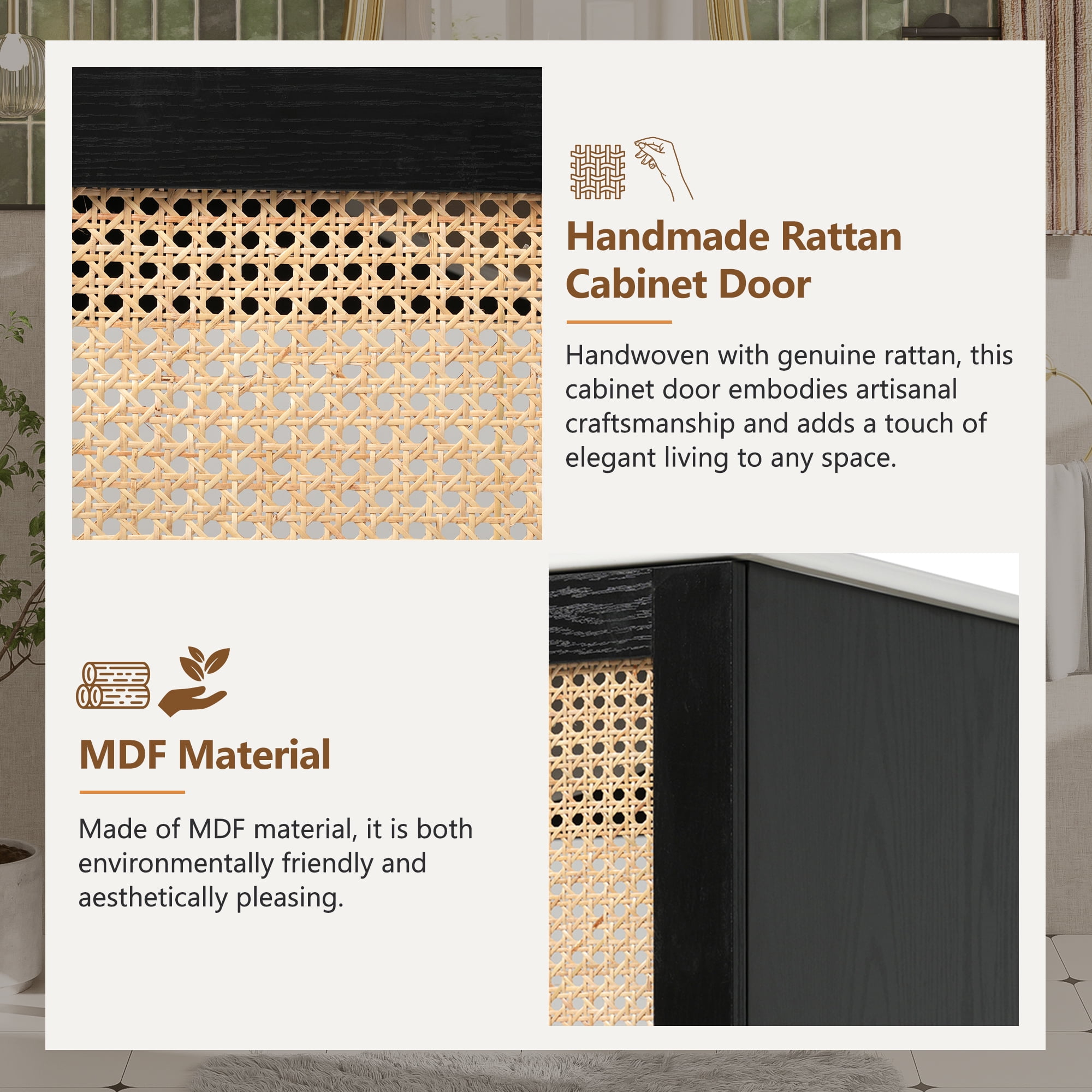 Euroco 30-inch bathroom vanity crafted from natural materials, featuring handmade rattan doors and soft-closing mechanisms