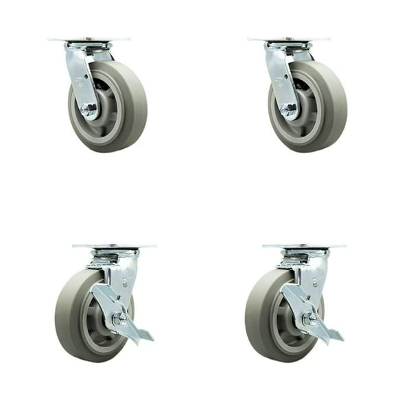 Thermoplastic Rubber Flat Tread Swivel Top Plate Casters Set of 4 Heavy Duty with 6 Inch Wheels - Includes 2 Swivel with Brakes and 2 Swivel – 2,000 lbs. Total Capacity - Service Caster Brand